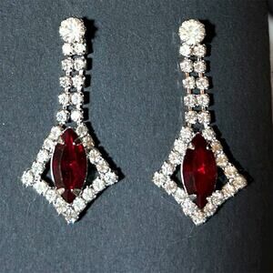 Vintage Rhinestone And Ruby Drop Kite Shaped Earrings- Post Back